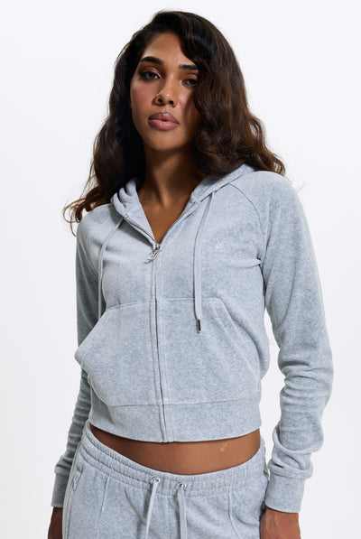 SILVER MARL DIAMANTÉ COTTON VELOUR ZIP-THROUGH HOODIE