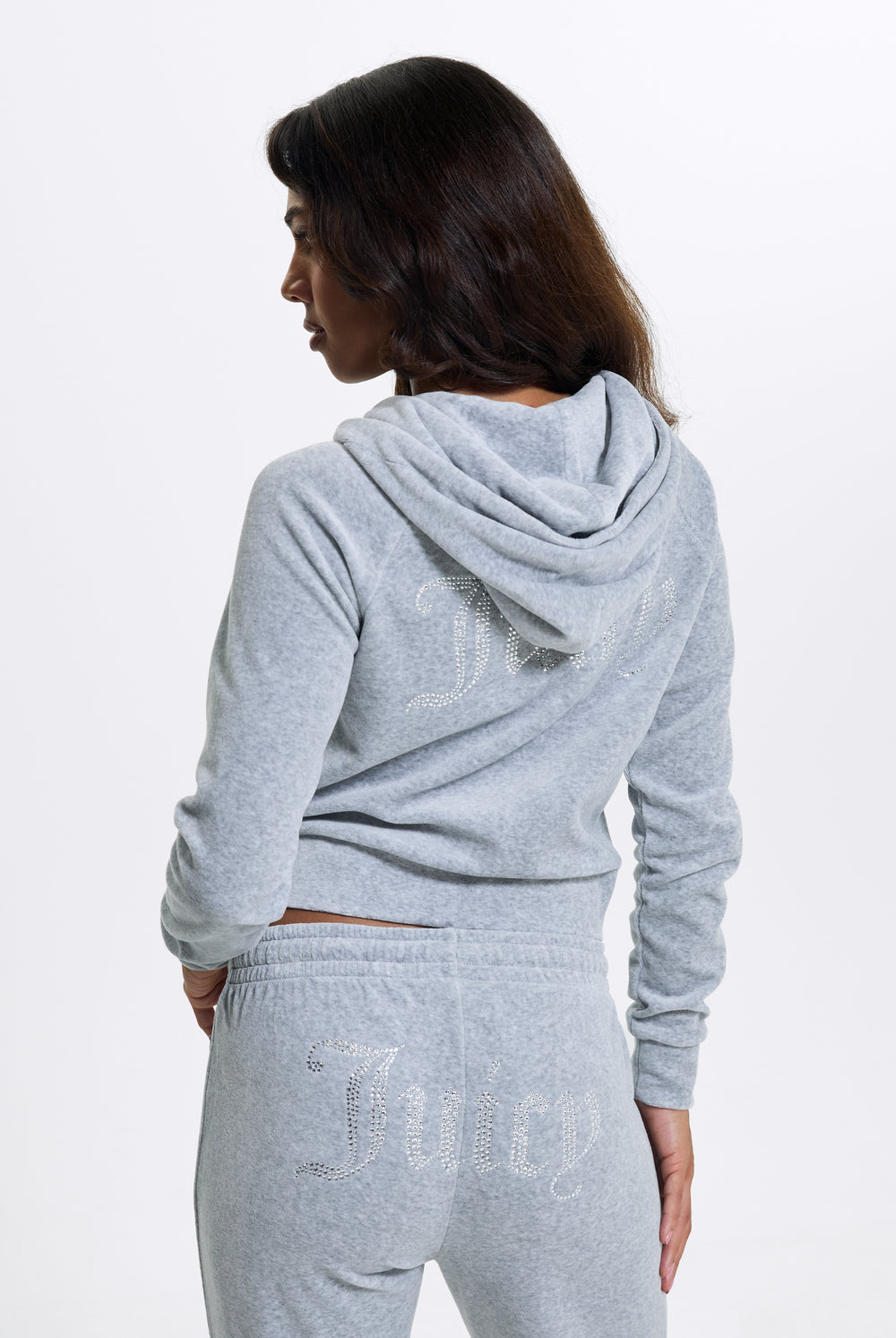 SILVER MARL DIAMANTÉ COTTON VELOUR ZIP-THROUGH HOODIE