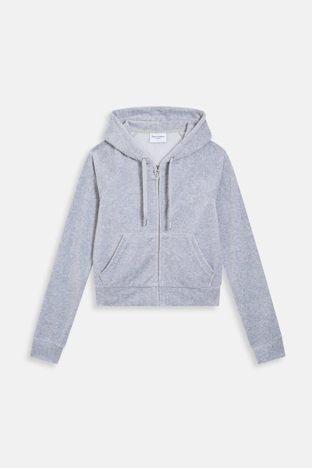Displays the Silver Marl Diamanté 'Juicy' branded cotton velour zip-through hoodie