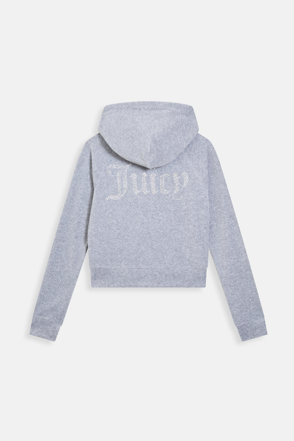 Displays the Silver Marl Diamanté 'Juicy' branded cotton velour zip-through hoodie