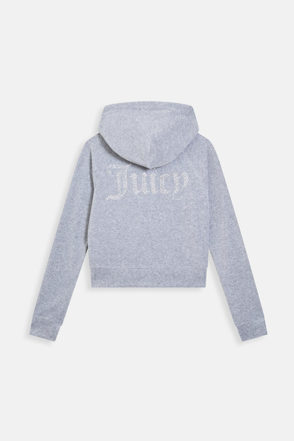 Displays the Silver Marl Diamanté 'Juicy' branded cotton velour zip-through hoodie