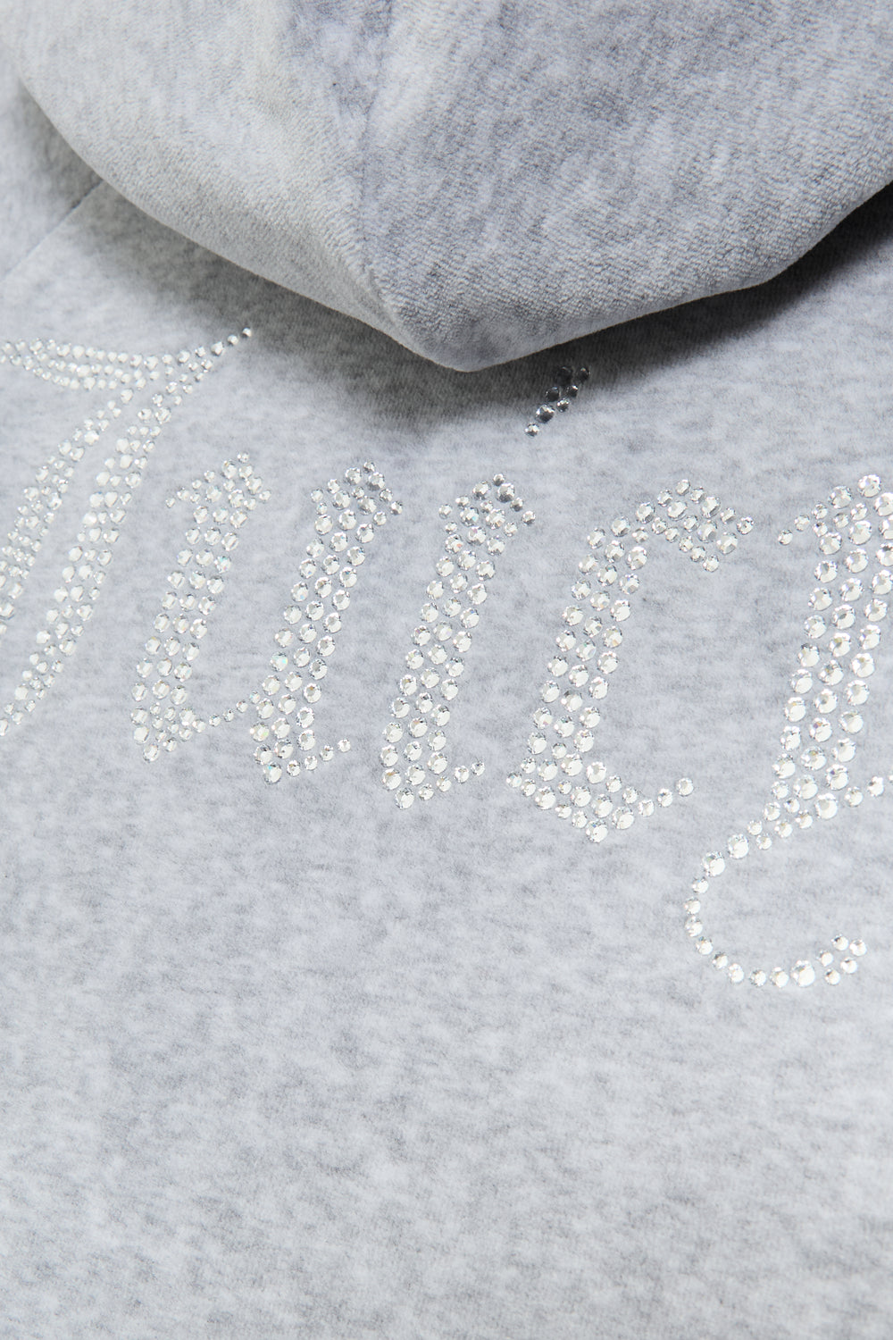 Displays the Silver Marl Diamanté 'Juicy' branded cotton velour zip-through hoodie featuring the Juicy branding