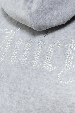 Displays the Silver Marl Diamanté 'Juicy' branded cotton velour zip-through hoodie featuring the Juicy branding