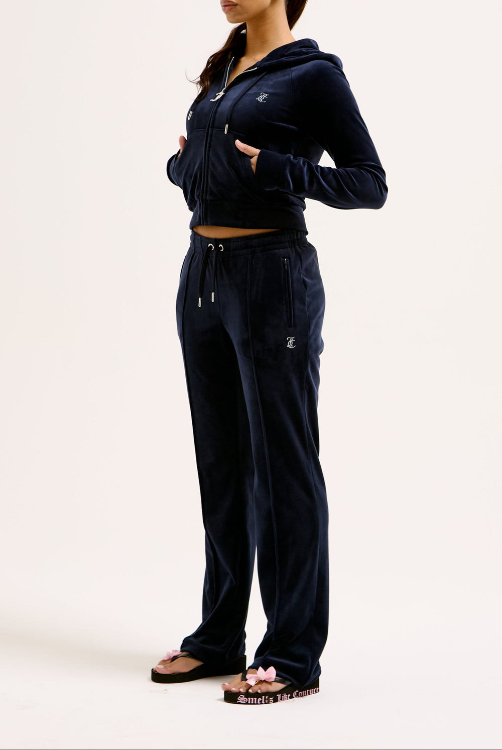 Displays a model wearing the Night Sky Diamanté 'Juicy' branded velour zip-through hoodie  