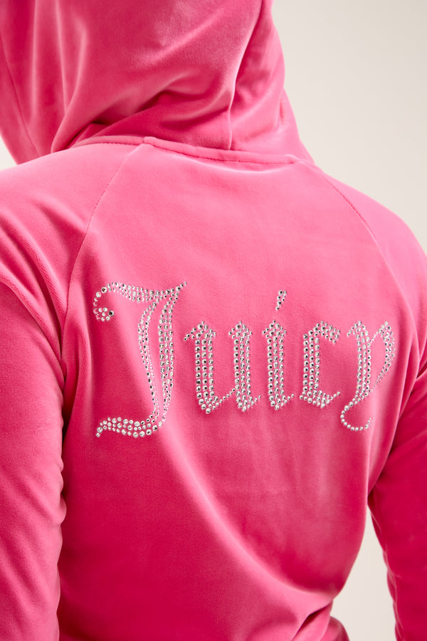 HOT PINK DIAMANTÉ VELOUR ZIP-THROUGH HOODIE