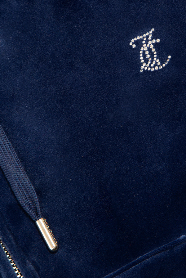 BLUE DEPTHS DIAMANTÉ VELOUR ZIP-THROUGH HOODIE