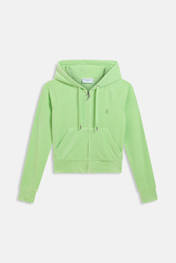 Displays the Pistachio Green outline 'Juicy' branded diamanté velour zip-through hoodie 