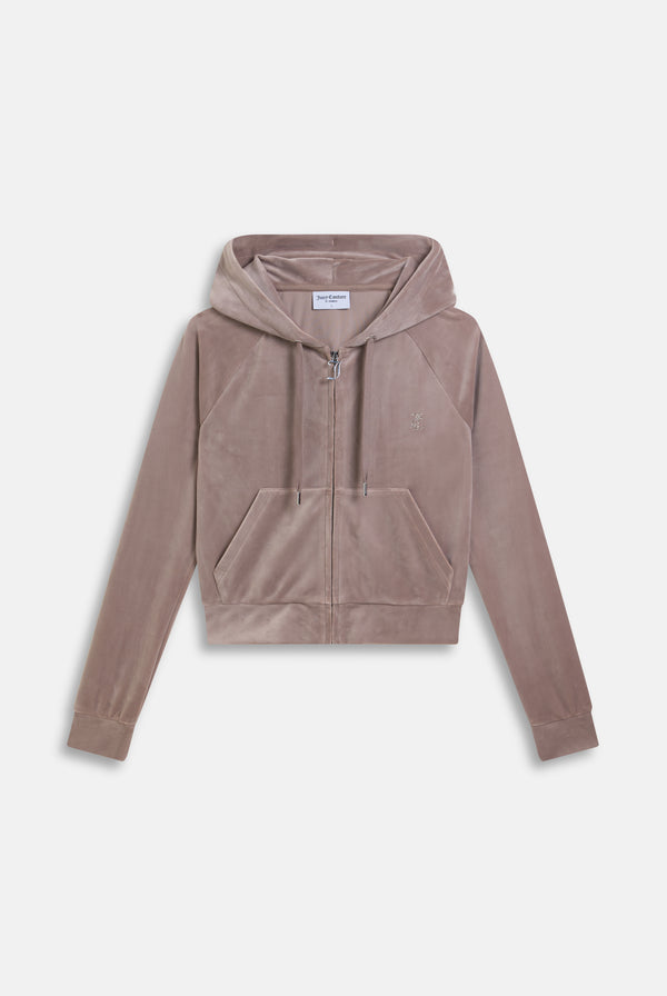 Displays the fungi outline 'Juicy' branded diamanté velour zip-through hoodie 