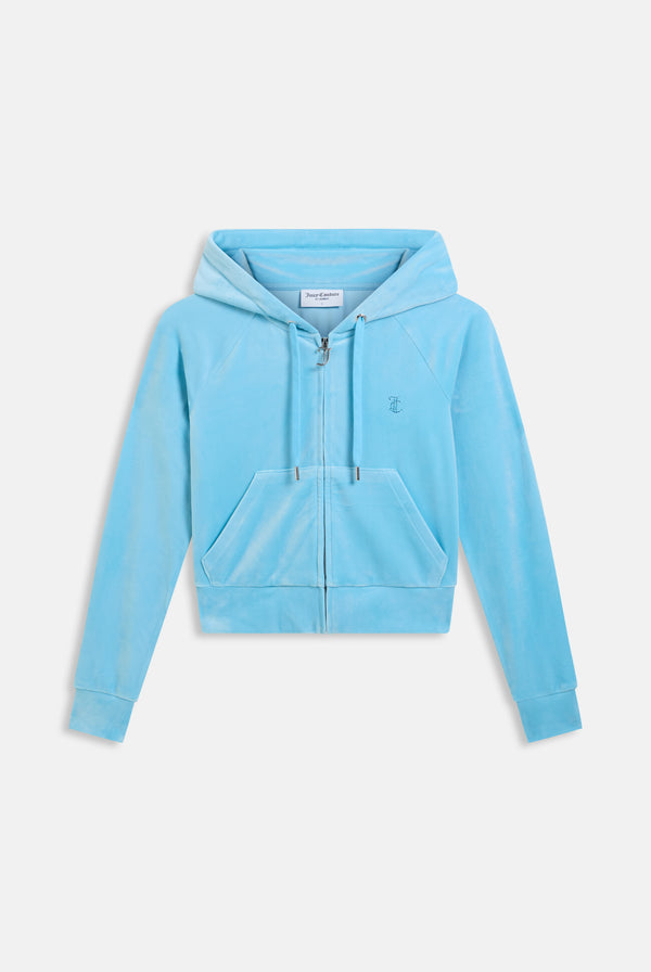 Displays the sky blue outline 'juicy' branded velour zip-through hoodie 