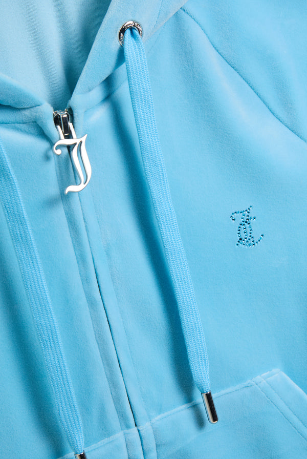 Displays the sky blue outline 'juicy' branded velour zip-through hoodie featuring the juicy Couture logo