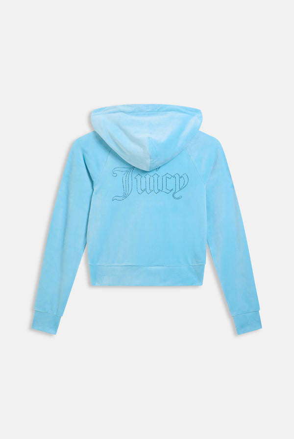 Displays the sky blue outline 'juicy' branded velour zip-through hoodie 