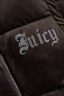 Displays the Java 'Juicy' branded Old Gothic Diamanté Puffa Jacket featuring the juicy branding 