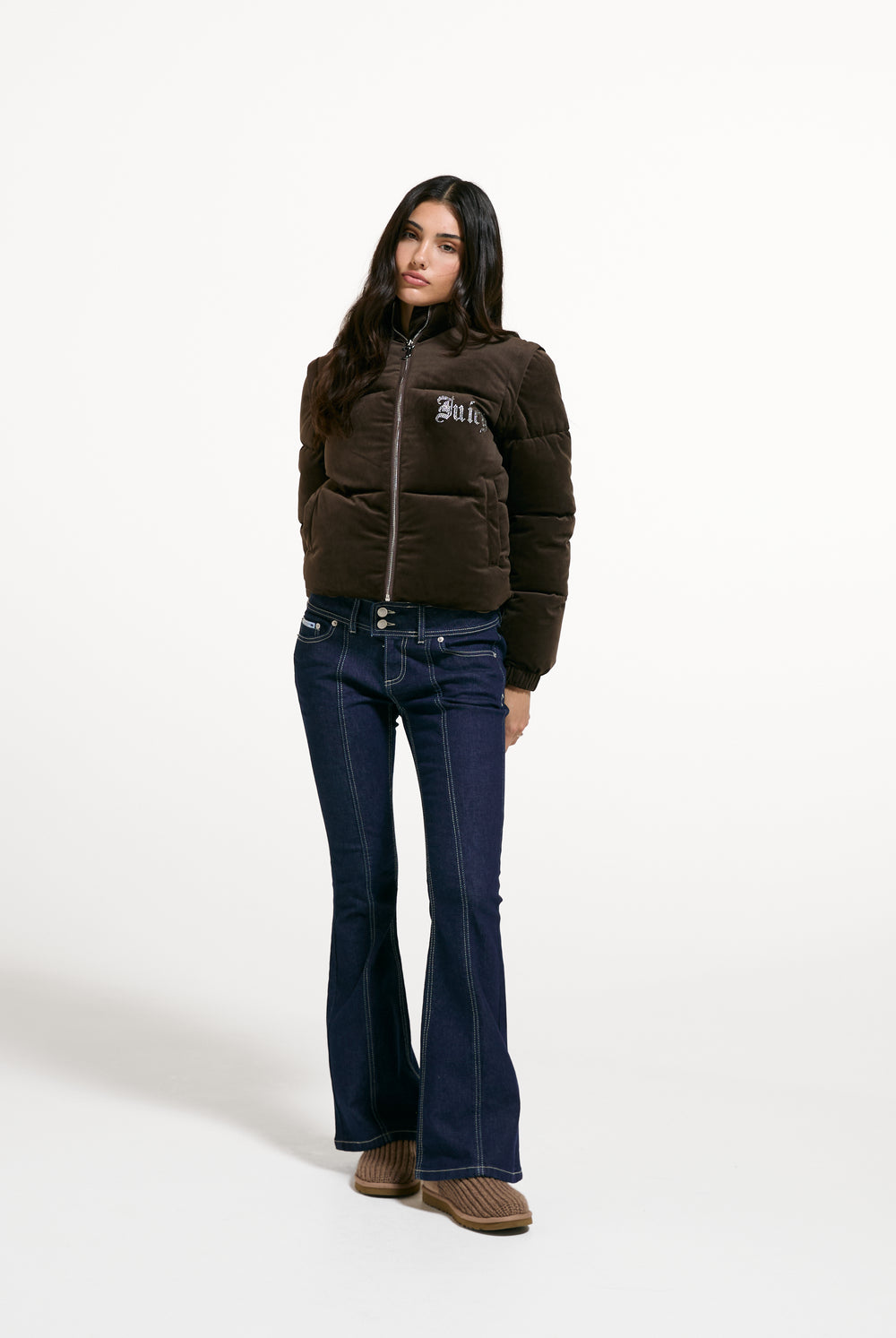 Displays a model wearing the Java 'Juicy' branded Old Gothic Diamanté Puffa Jacket