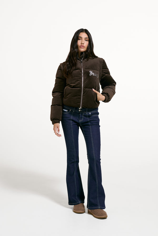Displays a model wearing the Java 'Juicy' branded Old Gothic Diamanté Puffa Jacket