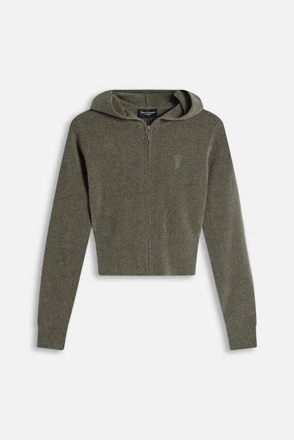 Displays the Oil Green 'Juicy' branded Luxe Knit Hoodie