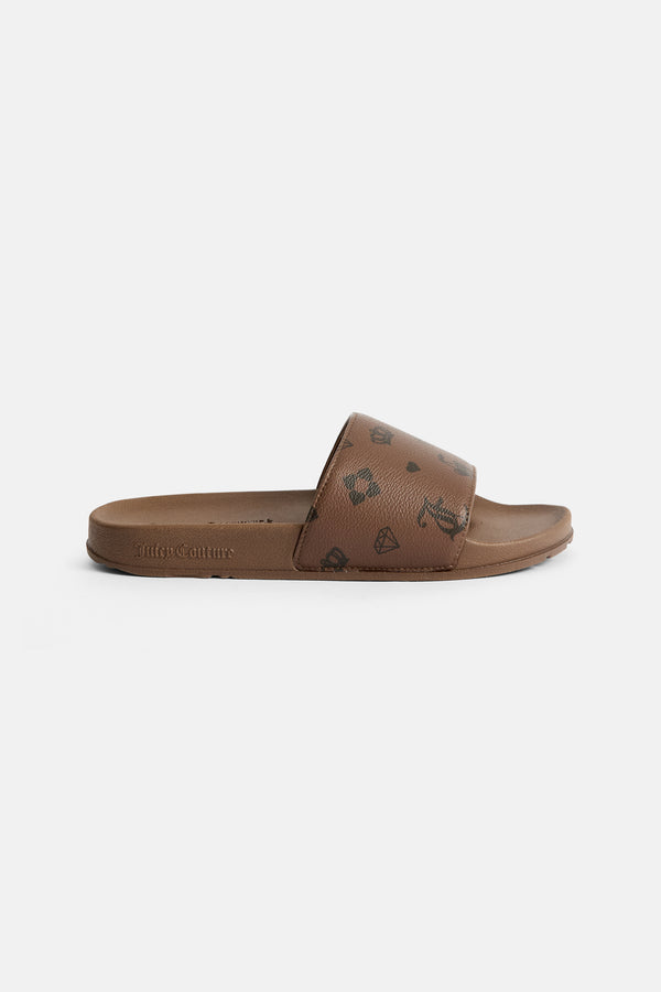 Displays the Black & Brown 'Juicy' branded monogram print sliders 