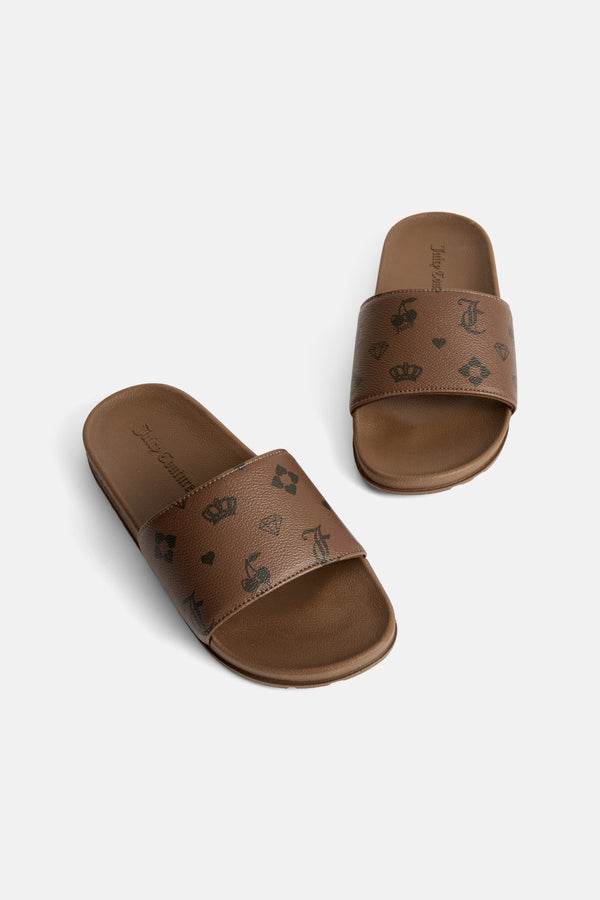 Displays the Black & Brown 'Juicy' branded monogram print sliders 