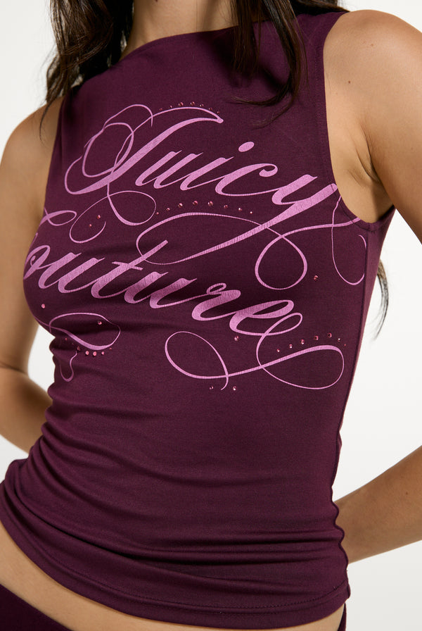 Displays a model wearing the Winetasting 'Juicy' branded Script Boatneck Top