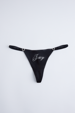 Displays the Black 'Juicy' branded microfibre script print thong