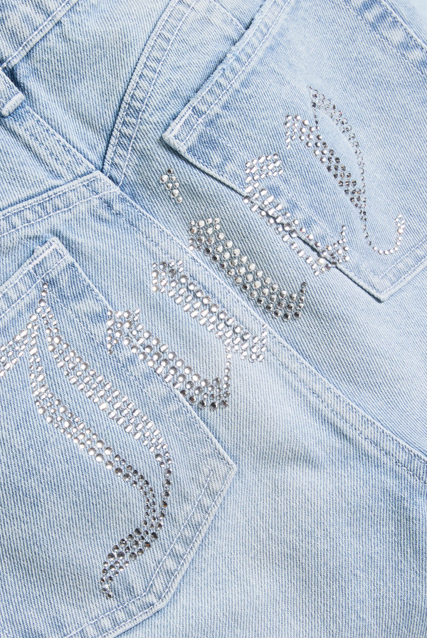 Displays the Light Wash 'Juicy' branded Diamanté bootcut jeans featuring the juicy branding