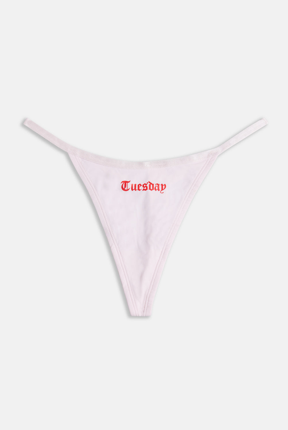 Displays the 'Juicy' branded Tuesday gothic print thong