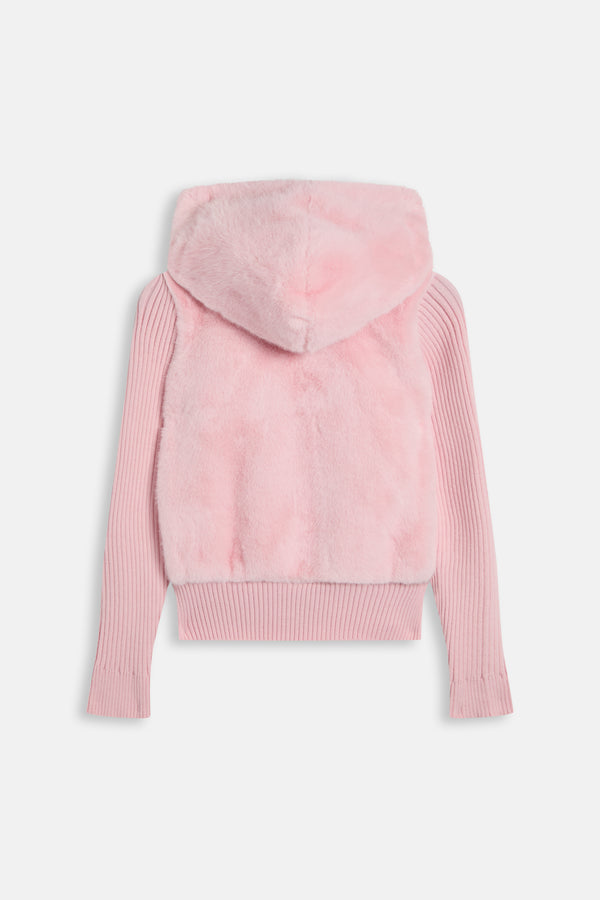 Displays the Almond Blossom 'Juicy' branded Faux Fur Knitted Jacket