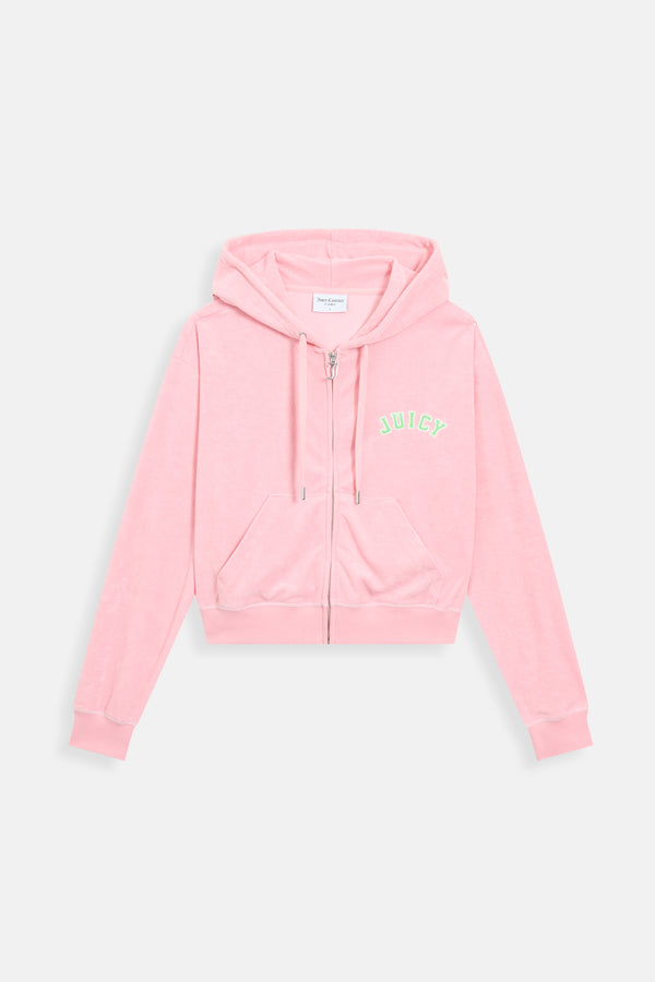 JUICY PINK OVERSIZED COLLEGIATE CROPPED TOWELLING HOODIE