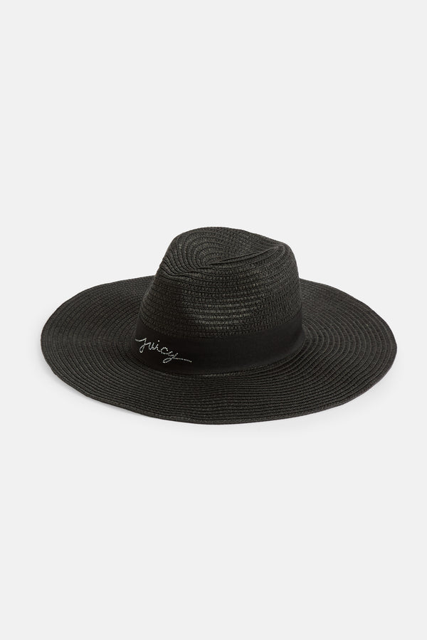 Displays the Black 'Juicy' branded straw cowboy hat  
