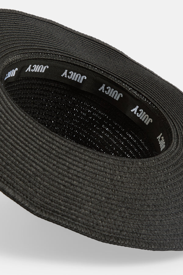 Displays the Black 'Juicy' branded straw cowboy hat  