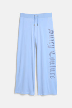 Displays the Powder Blue 'Juicy' branded Old Gothic Diamante Og Straight Leg Trackpant