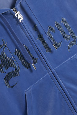 Displays the Greyblue 'Juicy' branded Old Gothic Oversized Cropped Hoodie featuring the juicy branding 