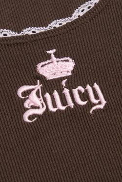 Displays the Java 'Juicy' branded Lace Trim Vest featuring the juicy branded logo