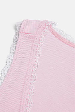 Displays the Cherry Blossom 'Juicy' branded Lace Trim Vest featuring the close up on the details 