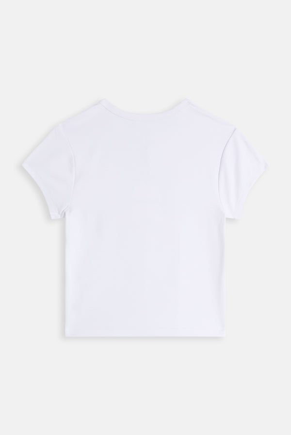 Displays the White 'Juicy' branded Old Gothic Baby T-Shirt