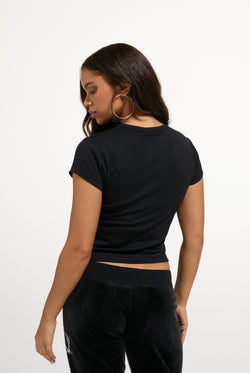Displays a model wearing the Black 'Juicy' branded  Old Gothic Baby T-Shirt