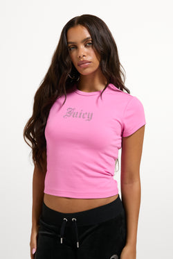 Displays a model wearing the Wild Orchid 'Juicy' branded Old Gothic Baby T-Shirt