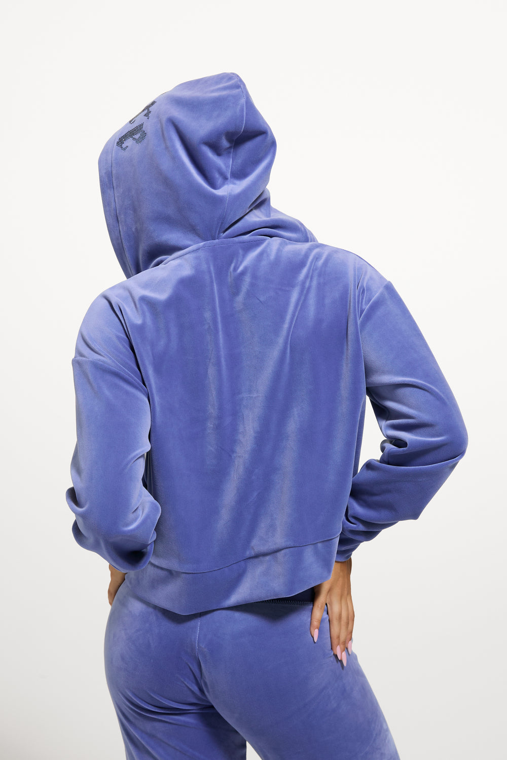 Displays a model wearing Greyblue 'Juicy' branded Old Gothic Oversized Cropped Hoodie