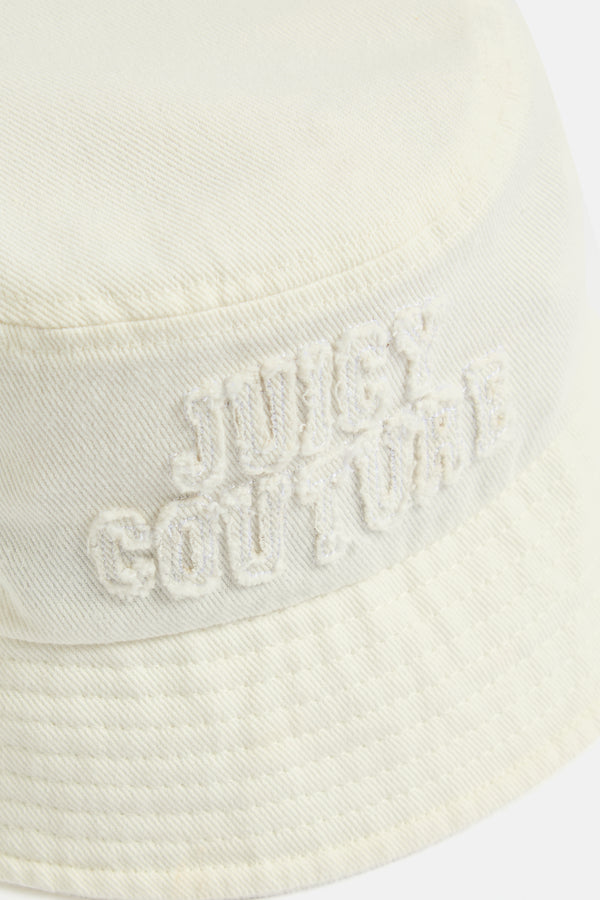 Displays the Cream 'Juicy' branded denim bucket hat featuring the juicy couture branding 