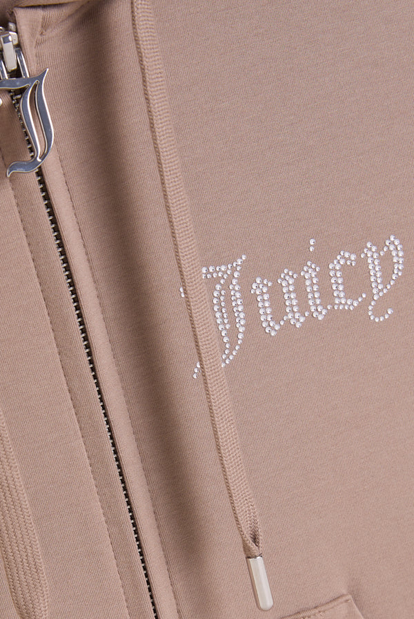 Displays the Fungi 'Juicy' Couture diamanté luxury jersey zip through hoodie featuring the juicy branding 