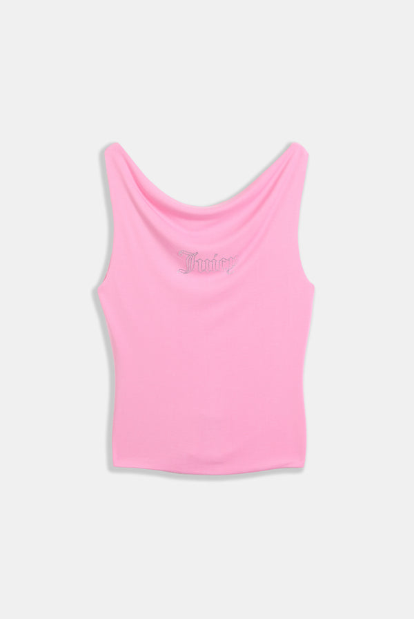 Displays the Cotton candy 'Juicy' branded outline diamanté drape top 