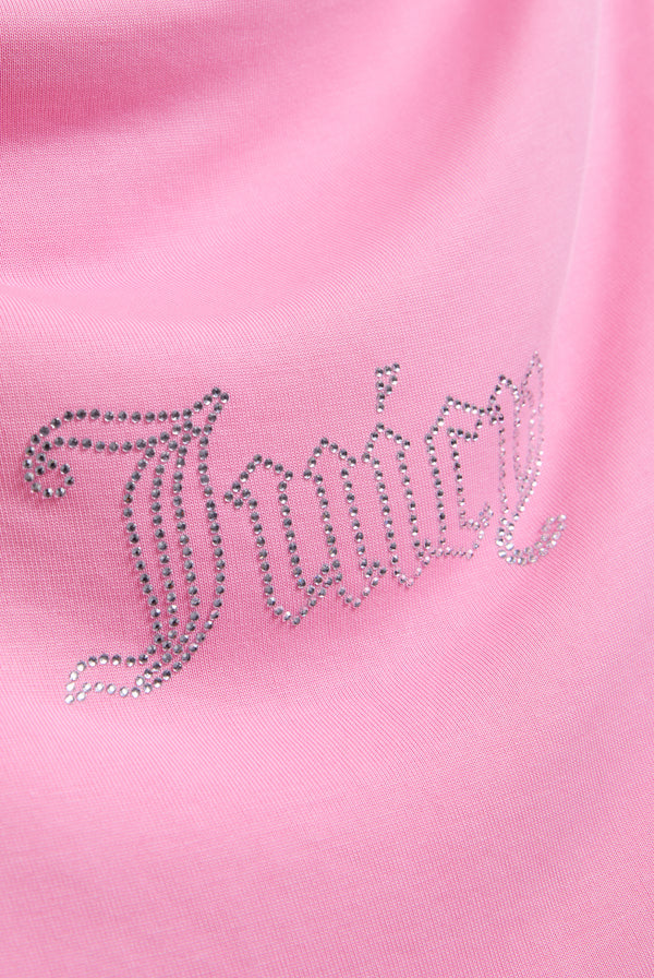 Displays the Cotton candy 'Juicy' branded outline diamanté drape top featuring the juicy branding 