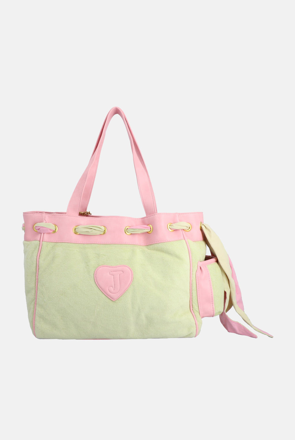 Displays the Pistachio Green 'Juicy' branded Towelling Daydreamer Shopper Bag featuring the details including the juicy branded charms 