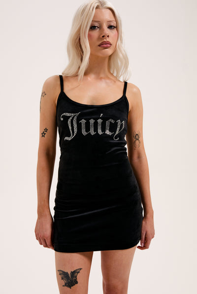 BLACK DIAMANTÉ VELOUR STRAPPY DRESS