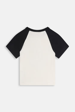 Displays the Marshmallow 'Juicy' branded Regal Rebelle Raglan T-Shirt
