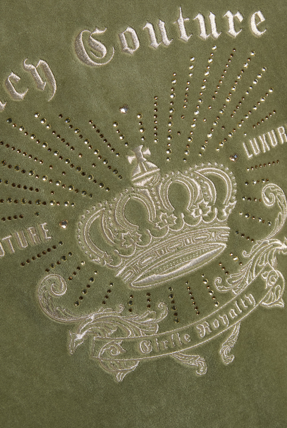 Displays the Oil Green 'Juicy' branded Regal Rebelle Robyn Hoodie featuring the juicy couture branding