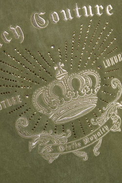 Displays the Oil Green 'Juicy' branded Regal Rebelle Robyn Hoodie featuring the juicy couture branding