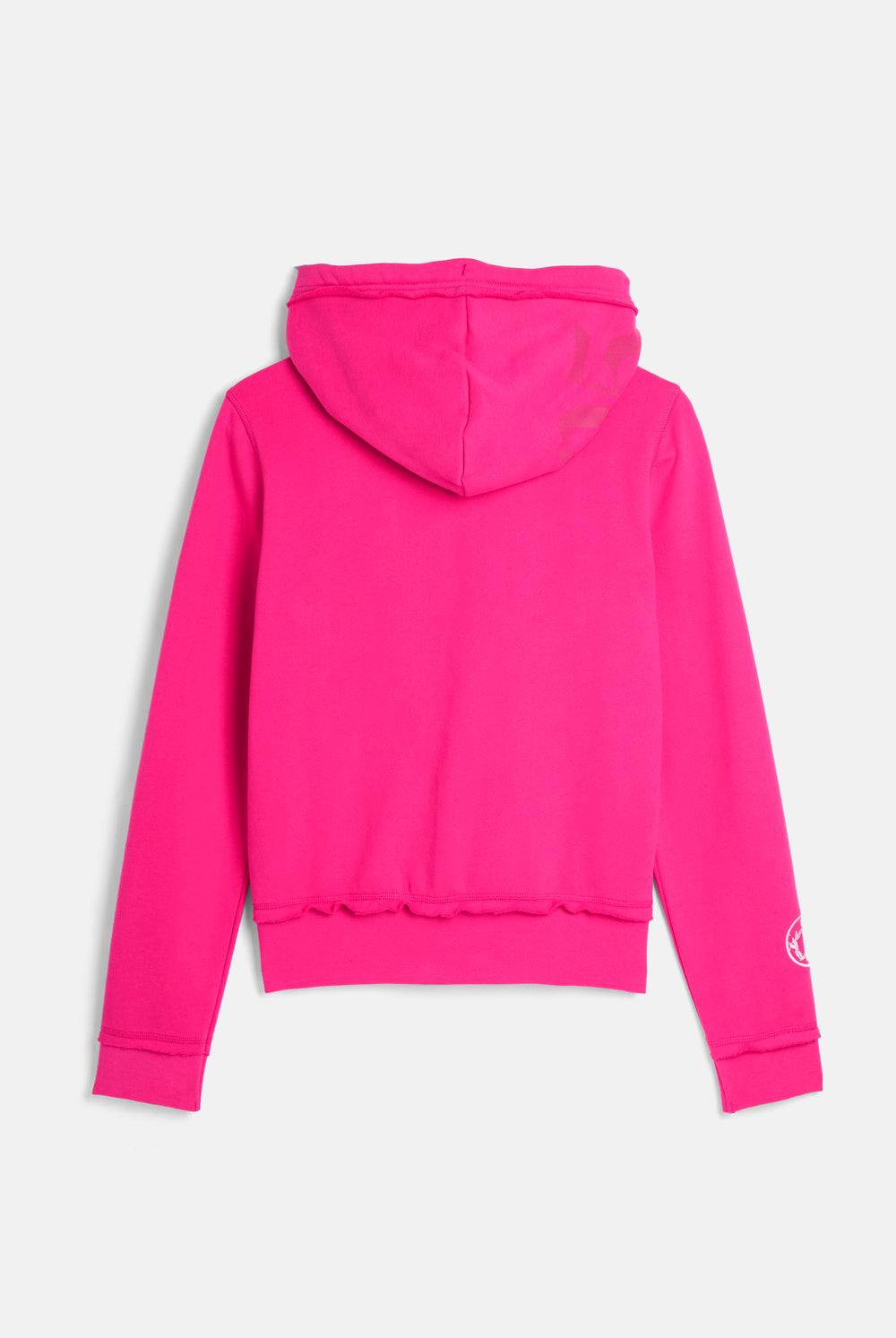 Displays the Nostalgia Pink 'Juicy' branded Longline Fleece Zip-Through Hoodie
