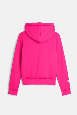 Displays the Nostalgia Pink 'Juicy' branded Longline Fleece Zip-Through Hoodie