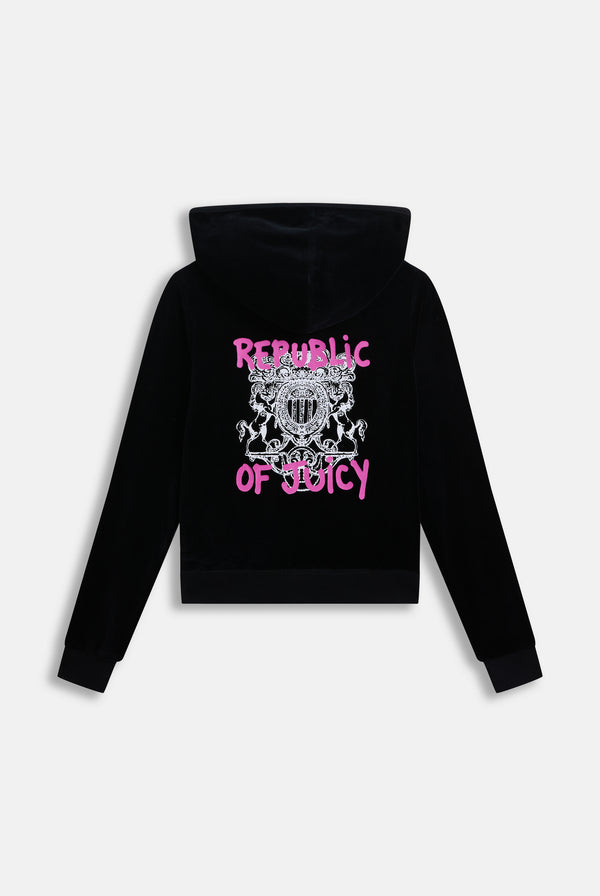 Displays the Black Juicy Couture & Roxy Republic of heritage hoodie 