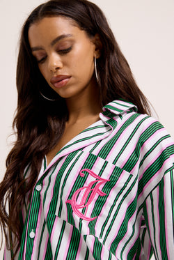Displays a model wearing the Green stripe 'juicy' branded cotton sleep shirt 